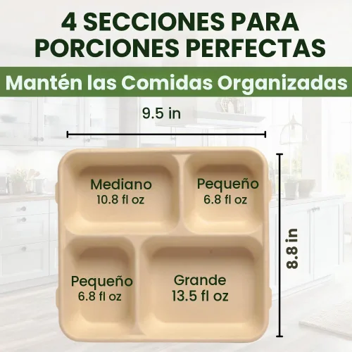 Vista 2 de Dtocs Platos de compartimento desechables (40 piezas) 4 porciones, bandejas seccionales resistentes de fibra de bambú para campamento, catering