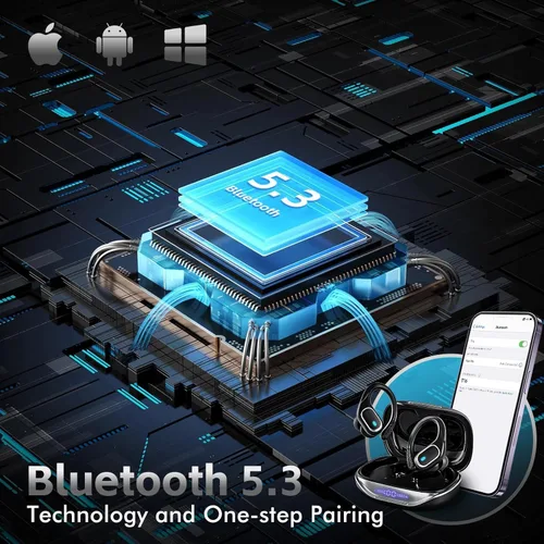 Vista 3 de Auriculares inalámbricos Bluetooth 80 horas de reproducción, IPX7, impermeables, funda de carga inalámbrica, ganchos para los oídos (negro)