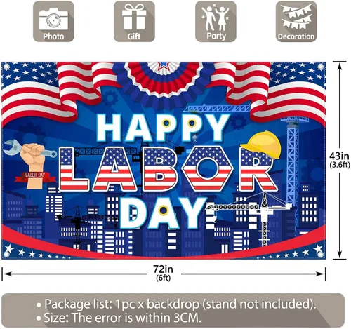 Vista 3 de Fondo de fotografía de 72 x 43 pulgadas con texto en inglés «Happy Labor Day Photografy», banderas americanas, estrellas, rayas, fondo, trabajador