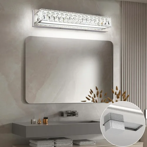 Vista 5 de Luces de tocador de cristal para baño, barra de luz LED de 18 W, accesorios de iluminación cromados modernos sobre espejo para baño de 22.8 pulgadas
