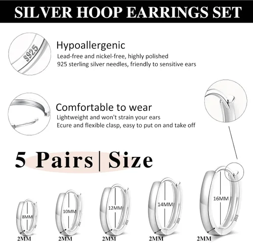 Vista 2 de Senteria Aretes de aro chapados en plata de ley 925, 5 pares de aretes de aro de plata hipoalergénica para mujeres, para cartílago, juego de aretes
