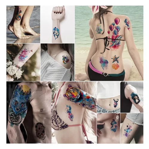 Vista 6 de JEEFONNA 86 hojas de tatuajes temporales, 14 hojas grandes de medio brazo de tatuajes falsos de flores, gato, búho y león, 72 hojas pequeñas