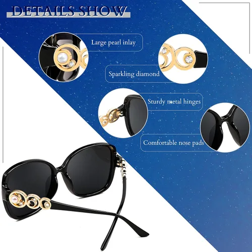 Vista 5 de FEISEDY Gafas de sol de moda para mujer, marco cuadrado de gran tamaño con perlas brillantes, protección UV polarizada B2821