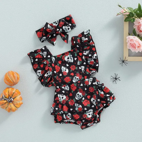 Vista 6 de GOOCHEER Ropa de Pascua para bebé niña, con correa de corbata, estampado floral, vestido con volantes y diadema