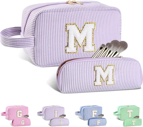 Vista 86 de Bolsa de maquillaje personalizada con inicial A-Z para mujeres, niñas y niños, bolsa de aseo de viaje, bolsa de maquillaje preparada, bolsa