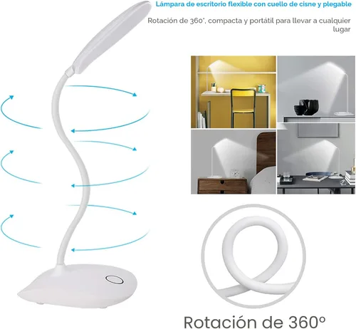 Vista 3 de Deeplite - Lámpara de escritorio LED con cuello de ganso flexible de 3 niveles de brillo, lámpara de mesa operada por batería de 5 W, control