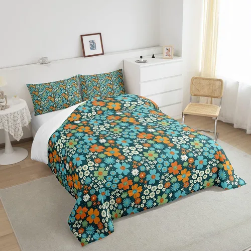 Vista 5 de Juego de ropa de cama floral retro, tamaño individual, vintage de los años 70 y 60, juego de edredón para niños, adultos y adolescentes, juego