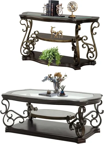 Vista 11 de Elegante mesa auxiliar retro, mesa de cóctel rectangular tradicional de 3 niveles con parte superior de vidrio templado, estante de mármol medio