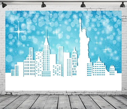 Vista 5 de BELECO Telón de fondo de tela de 5 x 3 pies con diseño de Feliz Navidad en Nueva York, escena de nieve, puntos con purpurina azul, estrellas