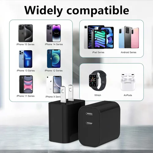 Vista 7 de Paquete de 3 bloques de cargador USB C, enchufe de pared rápido de 20 W de doble puerto (negro) Bloque USB C de carga rápida PD de 20 W