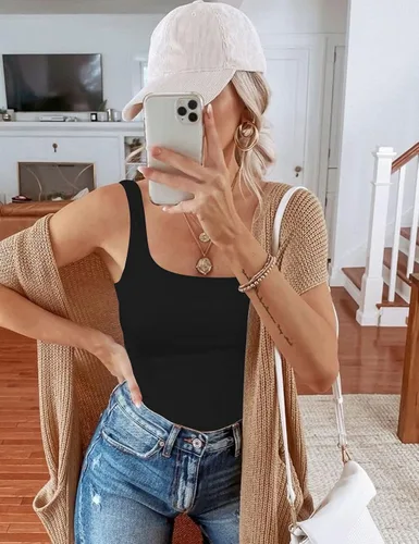 Vista 7 de Chunpin Body sin mangas con cuello cuadrado para mujer, con doble forro, tanga