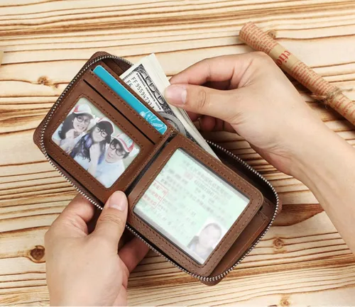 Vista 6 de Cartera compacta de cuero para hombre pequeña con cremallera monedero de cuero S