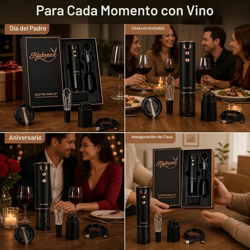 Vista 8 de BLUBYEES Juego de abridor de vino eléctrico recargable 4 en 1 - Sacacorchos automático, cortador de aluminio, aireador y vertedor, tapón de vacío