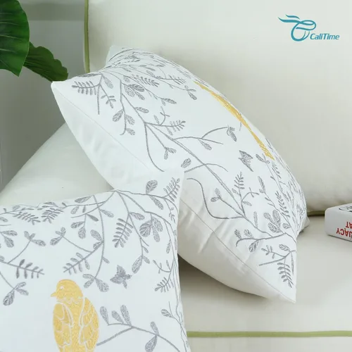 Vista 4 de CaliTime - Paquete de 2 fundas de cojinete de algodón para el sofá, sofá cama, color gris bordado con un lindo pájaro., Algodón, Dorado, 18 x 18