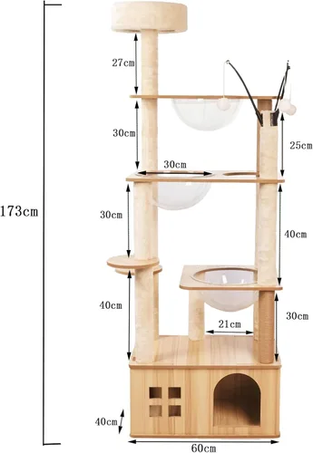 Vista 4 de Árbol de madera para gatos de 66.8 pulgadas con condominio para gatos, escaleras para gatos, 3 cuencos, juguetes, postes rascadores de sisal