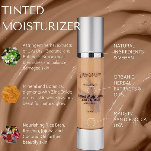 Vista 3 de RD Alchemy - Crema hidratante teñida 99% natural y orgánica LIGHT - Sombra media con SPF. La mejor crema BB y CC para pieles normales a secas.
