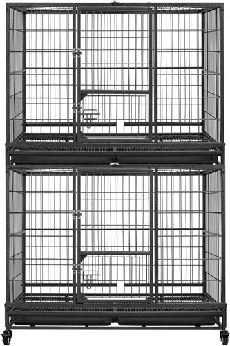Vista 10 de Yaheetech Jaula de perro resistente a prueba de escapes de 43 pulgadas con puertas dobles, 2 bandejas extraíbles, ruedas bloqueables, perrera