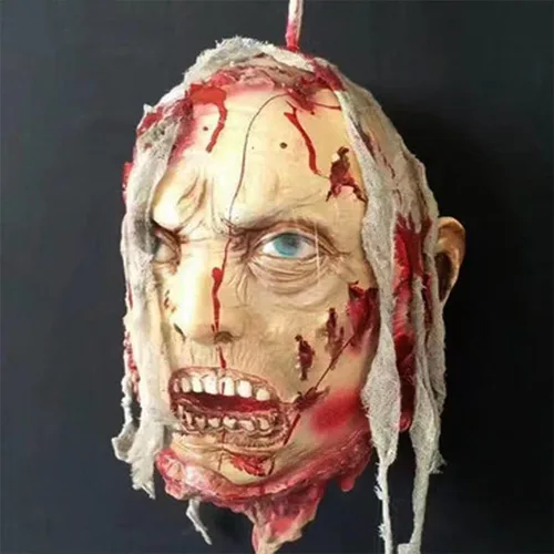 Vista 12 de RiceelSor Decoración colgante de cabeza dividida para Halloween, diseño de cadáver sangriento, de terror, de tamaño real, con peluca, disfraz