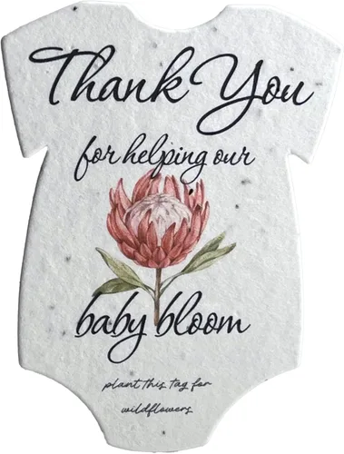 Vista 5 de Body para bebé con forma de agradecimiento, papel de semillas de 3 x 2 pulgadas, juego de 12 (flor rosa)