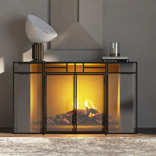 Vista 2 de Fire Beauty - Pantalla para chimenea de 3 paneles plegable con puertas magnéticas con bisagras, paneles de hierro forjado sólido, protector contra