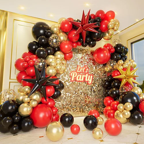Vista 8 de Kit de arco de guirnalda de globos negros y dorados con globos de estrella en explosión, globos de látex de confeti de oro negro de 5/10/12/18