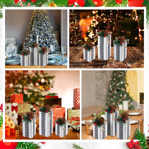Vista 4 de Glenmal 3 piezas de centros de mesa de Navidad, cajas de regalo de madera de Navidad decoradas con arco de cinta, bloques de regalo rústicos