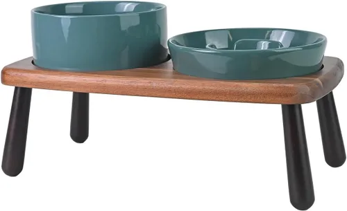 Vista 20 de SPUNKYJUNKY Cuencos elevados de cerámica para perros con soporte de bambú de acacia, juego de cuencos de agua y comida para perros y gatos de 6.1