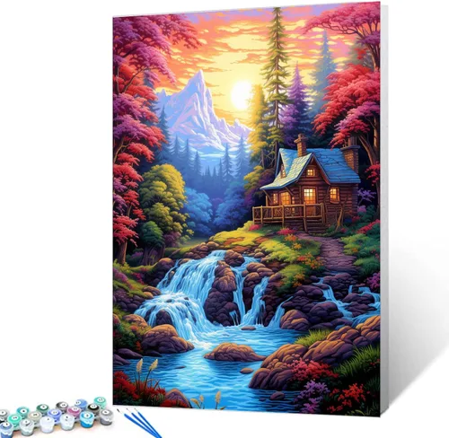 Vista 22 de Tucocoo Pintura de cabaña forestal por números para adultos, kits de pintura al óleo digital sobre lienzo con pinceles y pigmento acrílico, rueda