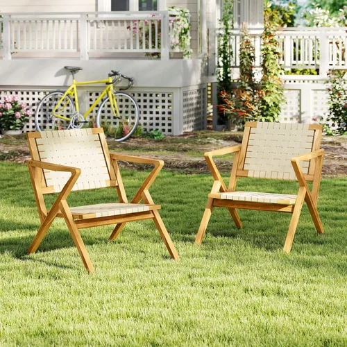 Vista 4 de Tangkula Silla de comedor de madera de teca para exteriores, sillón rústico de madera para patio con asiento y respaldo de cincha, para sala