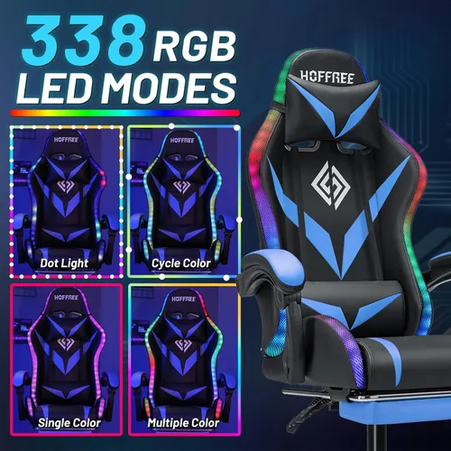 Vista 4 de HOFFREE - Silla para juegos con luces LED RGB estilo carreras, color azul azul+negro