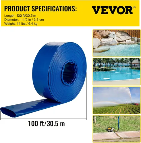 Vista 7 de VEVOR Manguera de descarga, 1-1/2 pulgadas x 100 pies, manguera plana de tela de PVC, manguera de drenaje resistente con abrazaderas, resistente a