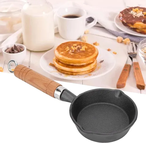 Vista 4 de Fdit Sartén, sartén de hierro fundido de 3.9 in con mango de madera, sartén para huevos, mini sartén para panqueques de fondo plano, utensilios
