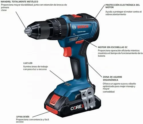 Vista 6 de Bosch GXL18V-502B25 kit de 5 herramientas de 18V con controlador de impacto de punta/llave de 2 en 1, taladro/controlador de martillo de 1/2 pulg.