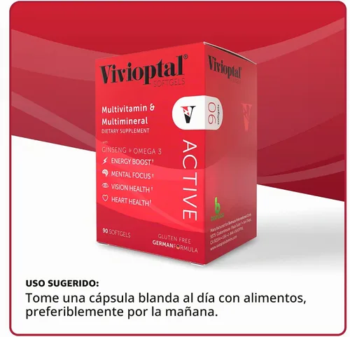 Vista 4 de Vivioptal Active, 90 cápsulas blandas, ginseng y omega 3, multivitamínico y multimineral, sin gluten, fórmula alemana