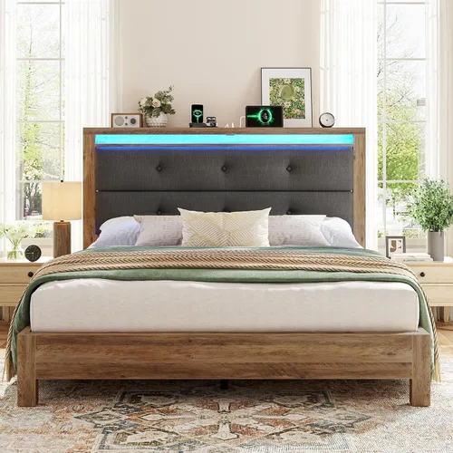 Vista 10 de EnHomee Base de cama de tamaño matrimonial con carga USB y tipo C y luces LED, cabecera de almacenamiento tapizada, cama de plataforma de madera