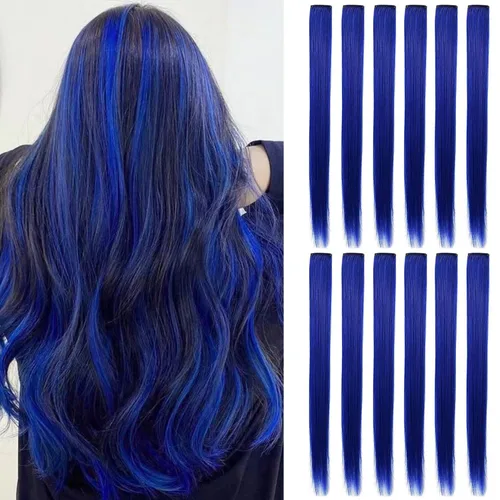 Vista 6 de 12 extensiones de cabello azul con clip en reflejos de 20 pulgadas, extensiones de cabello lacio de color liso con clip para mujer, peluca arcoíris