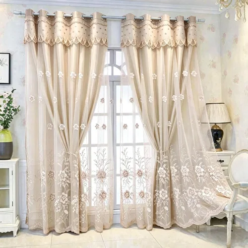 Vista 13 de Amidoudou 1 par de cortinas europeas de doble capa para sala de estar, dormitorio, cortinas bordadas de flores de lujo con cenefa