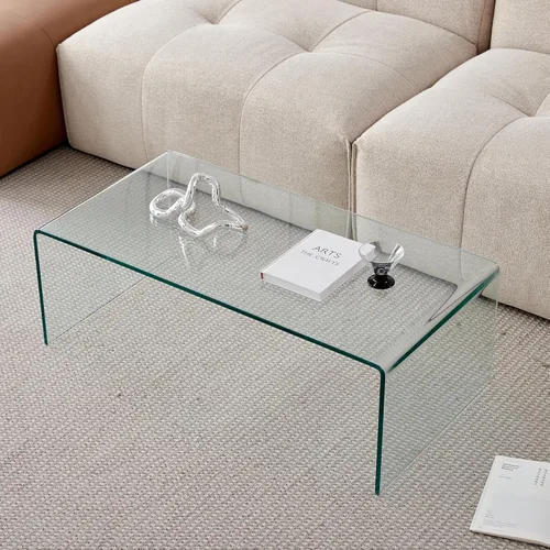 Vista 4 de Mesa de café de vidrio SMARTIK, mesas de café modernas transparentes para sala de estar, pequeña mesa rectangular de vidrio templado en cascada