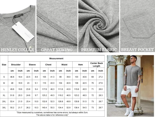 Vista 6 de COOFANDY Paquete de 3 camisetas Henley de manga corta para hombre, estilo casual, básicas, de verano, con bolsillo