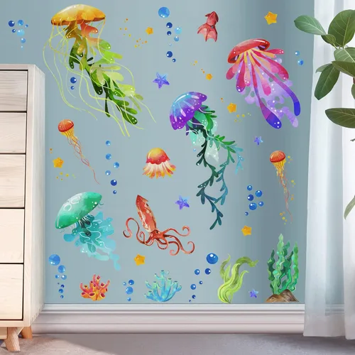 Vista 4 de Calcomanías de pared creativas 3D extraíbles bajo el mar, coloridas medusas y algas marinas, calcomanías de pared subacuáticas con vista al océano