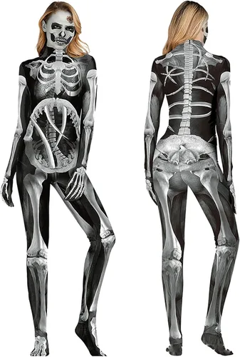 Vista 5 de Disfraces de Halloween para mujer body ajustado de esqueleto de talla grande body de manga larga para adultos traje sexy