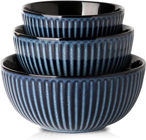 Vista 19 de HASENSE Juego de 3 cuencos pequeños de mezcla, cuencos de porcelana acanalados negros de 1.5/1/0.5 cuartos de galón para cocina, cocción, horneado