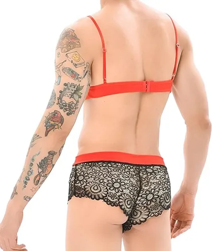 Vista 3 de QiaTi Lencería de encaje para hombre Sissy Crossdressing, ropa interior con brasier, ropa interior traslúcida, traje de bikini para dormir