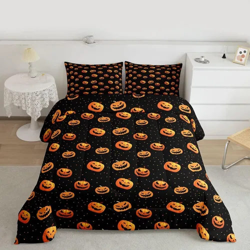 Vista 16 de Feelyou Juego de edredón de Halloween, color rosa fantasma, juego de ropa de cama tamaño individual, decoración para niños y niñas, lindo juego