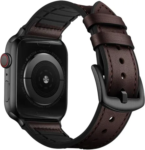 Vista 18 de OUHENG Correas de cuero compatibles con Apple Watch de 42mm 41mm 40mm 38mm, correa híbrida de cuero genuino y goma para iWatch Series 11 10 9 8 7 6