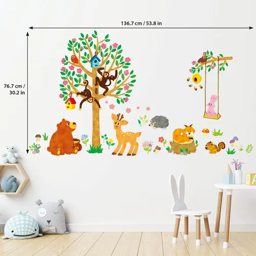 Vista 5 de DECOWALL SG-2201 Woodland Nursery Decor Wall Stickers Animals Nursery Girls Tree Forest Boy Room Fall Fox Deer Owl Playroom Living Bedroom Baby