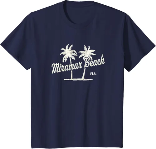 Vista 76 de Miramar Beach Florida Vintage 70s Palm Trees - Camiseta gráfica, Azul / Patchwork, S