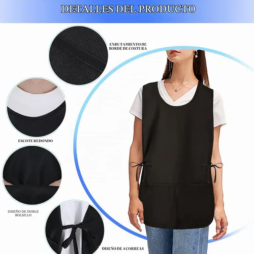 Vista 2 de Smock Apron Cobbler Apron with Side Ties and 2 Deep Pockets Unisex Apron for work kitchen Negro 1 paquete