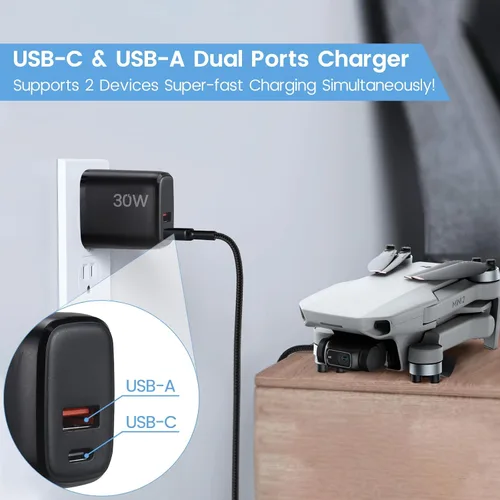 Vista 4 de Cargador rápido USB C PD de 30 W para DJI Neo, Mini 4K, 4 Pro, Air 3S Drones, negro Cargador de pared USB de doble puerto + tipo C con cable