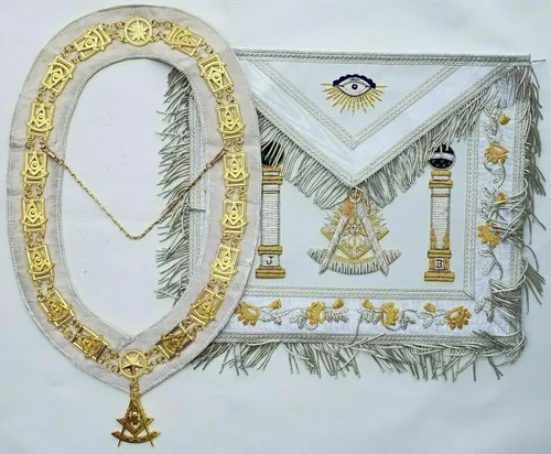 Vista 4 de Delantal Masonic Regalia - Cadena de cuello maestro bordado color blanco talla libre azul blanco Talla libre